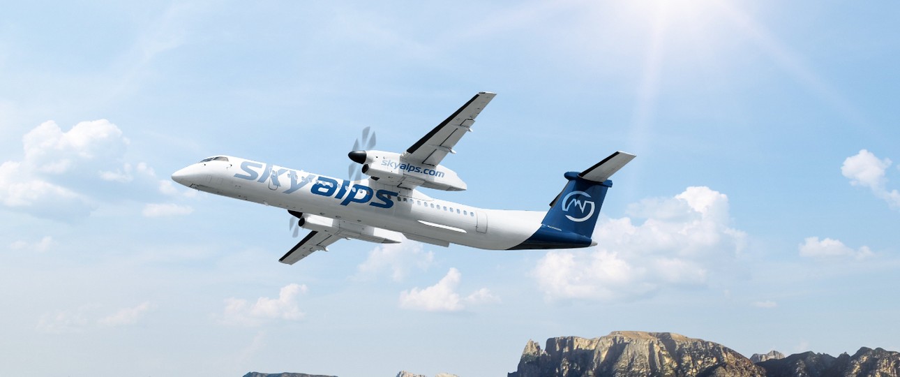 Computgergrafik einer Dash 8 von Sky Alps: Start im April 2021.