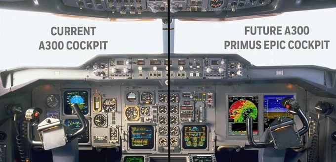 Vorher-Nachher-Vergleich zwischen dem jetzigen Airbus-A300-Cockpit (links) und der modernisierten Variante (rechts).