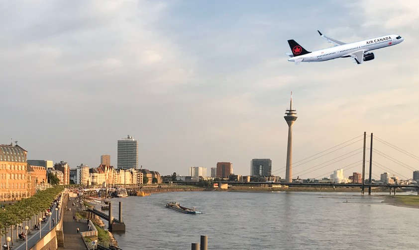 A321 XLR von Air Canada über Düsseldorf (Montage): Die Airline hat 18 potenzielle Ziele für den Airbus in Europa ausgemacht.