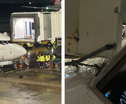 Bilder des Zwischenfalls mit Fiji Airways: Die Fluggastbrücke hat die Cockpitscheibe getroffen.
