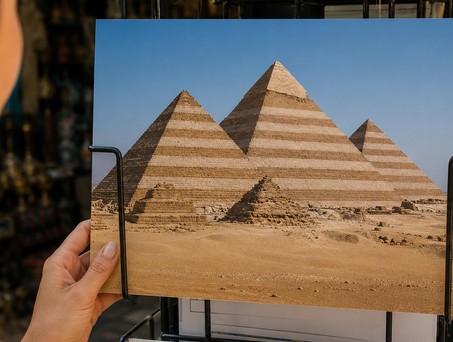 Pyramiden von Gizeh im imaginären Streifenlook auf einer Postkarte: Condor flog nicht im eigenen Design nach Kairo.