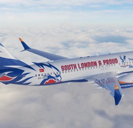 So sieht die Boeing 737 im Crystal Palace-Design aus: Der Ferienflieger wirbt für den Fußballverein.