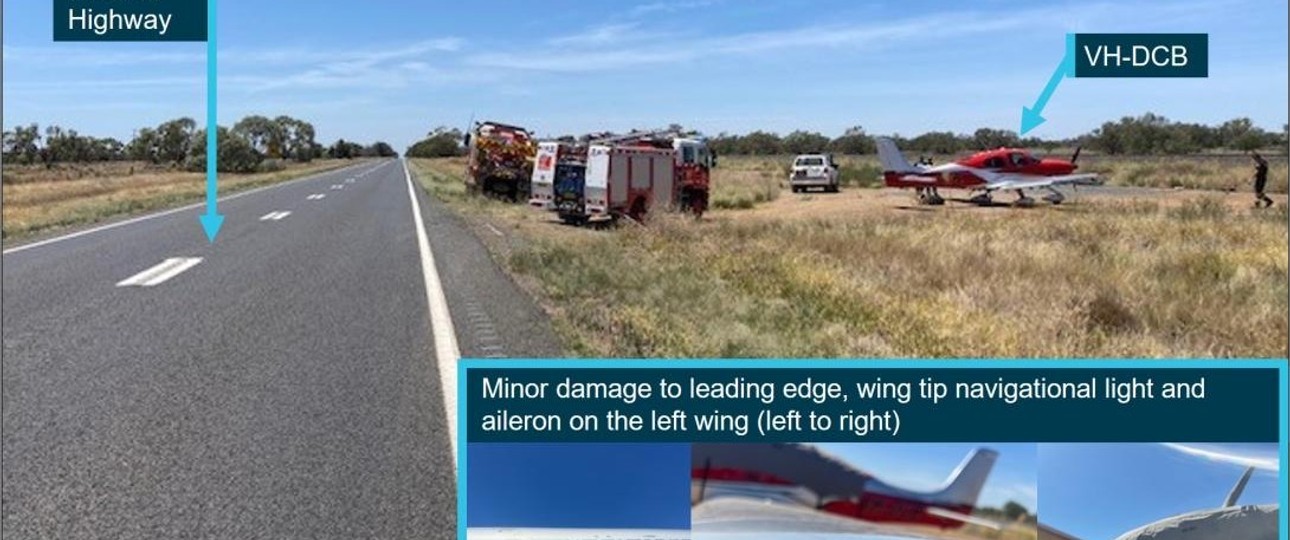 Cirrus SR22 nach der Notlandung auf einem Highway: Der Pilot wurde von der australischen Behörde für sein Verhalten gelobt.