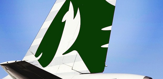 Heckflosse von Al Maha: Qatar-Logo in grün.