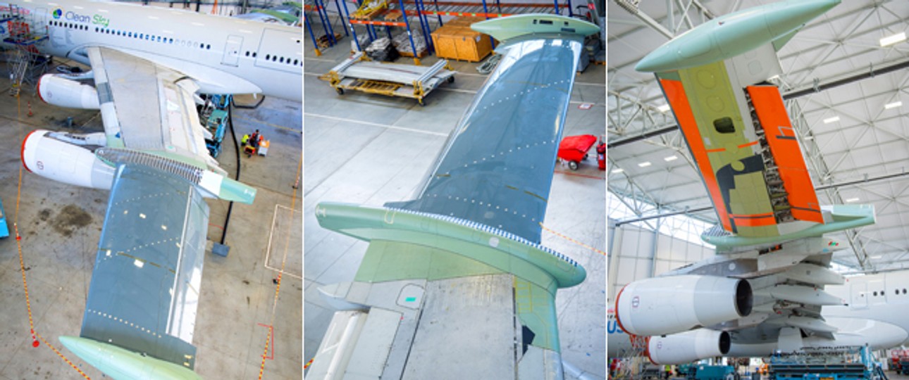 Flügel des umgebauten A340: Die äußeren Bereiche wurden durch Laminar-Konstruktionen ersetzt. Diese sind...