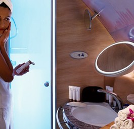 Die A380 von Emirates sind derzeit die einzigen Linienflugzeuge mit Duschen an Bord, natürlich nur für Erste-Klasse-Passagiere. Der Haken: Jeder Passagier darf nur maximal fünf Minuten unter der Dusche stehen.