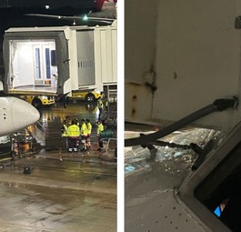 Bilder des Zwischenfalls mit Fiji Airways: Die Fluggastbrücke hat die Cockpitscheibe getroffen.