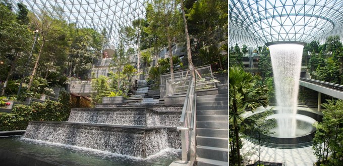 Flughafen Singapore Changi: Hier ist der Wasserfall schon in Betrieb. Vor allem auch die Decke ähnelt der geplanten in Doha.