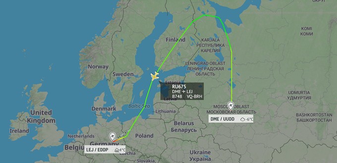 Auf dem Weg nach Leipzig: Air Bridge Cargo Flug RU675 flog einen großen Bogen über Finnland.