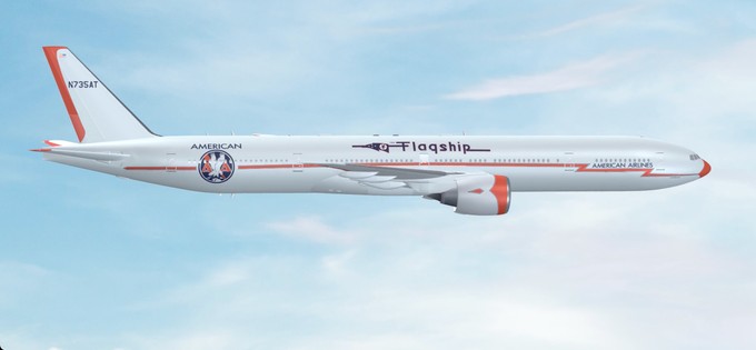 Eine Computergrafik zeigt, wie American Airlines eine Boeing 777-300 ER zum 100. Geburtstag gestalten will: Auf dem Jet wird das orangefarbene Blitzmotiv sein Comeback feiern, das vor fast 90 Jahren erstmals auf der Douglas DC-3 zu sehen war.
