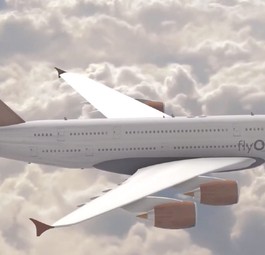 Visualisierung eines Airbus A380 im Design von Fly Oriole: Oriole ist ein Vogel, der auch vorne auf dem Flieger sowie auf dem Heck abgebildet ist.