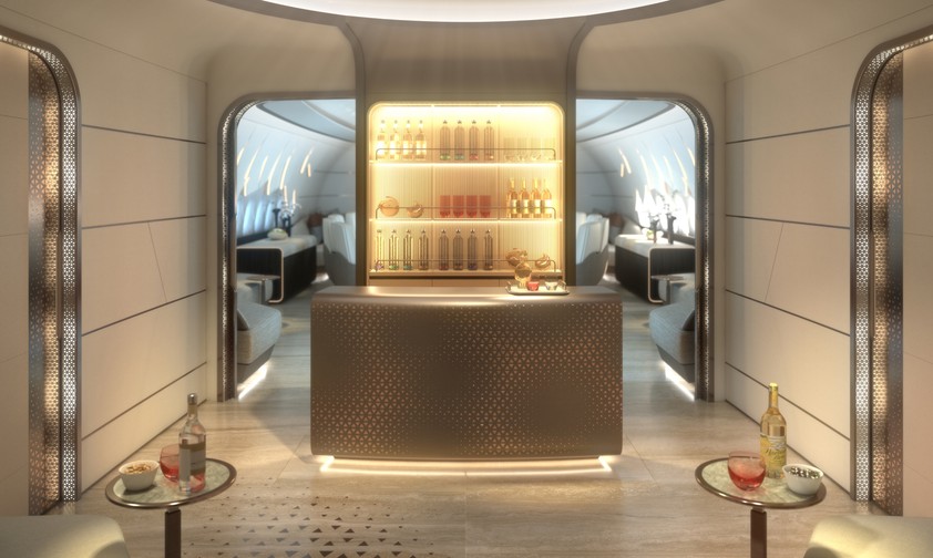 Willkommen in Lufthansa Techniks Luxus-Kabine für die BBJ 777-9: Es geht Los in der Lounge.