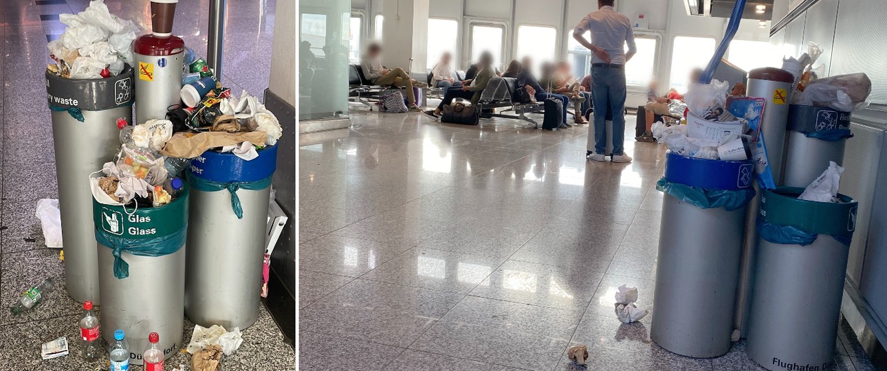 Überquellende Mülleimer im Flughafen Düsseldorf: Reisende ...