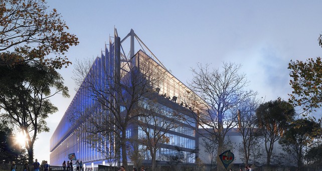 Die Fassade der Südtribüne: Rumpfteile des Airbus A340 schützen vor der Sonne.