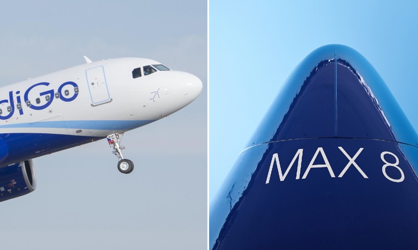 Ein Airbus A320 Neo von Indigo und die Nase einer Boeing 737 Max 8 von Southwest Airlines, von unten fotografiert: