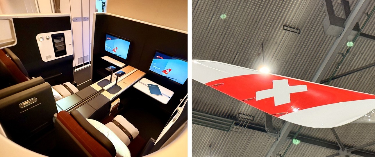 Business-Doppelsuite im Airbus A350 von Swiss und eine Flügelspitze: Neues Flugzeug, neues Interieur.