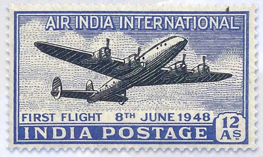 Briefmarke zum  internationalen Erstflugs von Air India 1948: Das eingesetzte ...