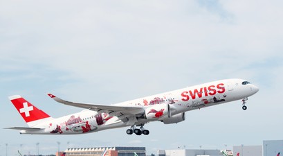Erstflug der HB-IFA: Auch hier ist der Metallstreifen am Seitenleitwerk des Airbus A350 zu erkennen.