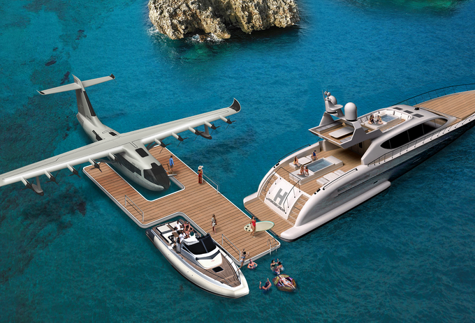 Das Jekta-Flugzeug und eine Yacht.