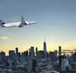 Boeing 787 von Air Astana über New York (Montage): Klappt es 2027?