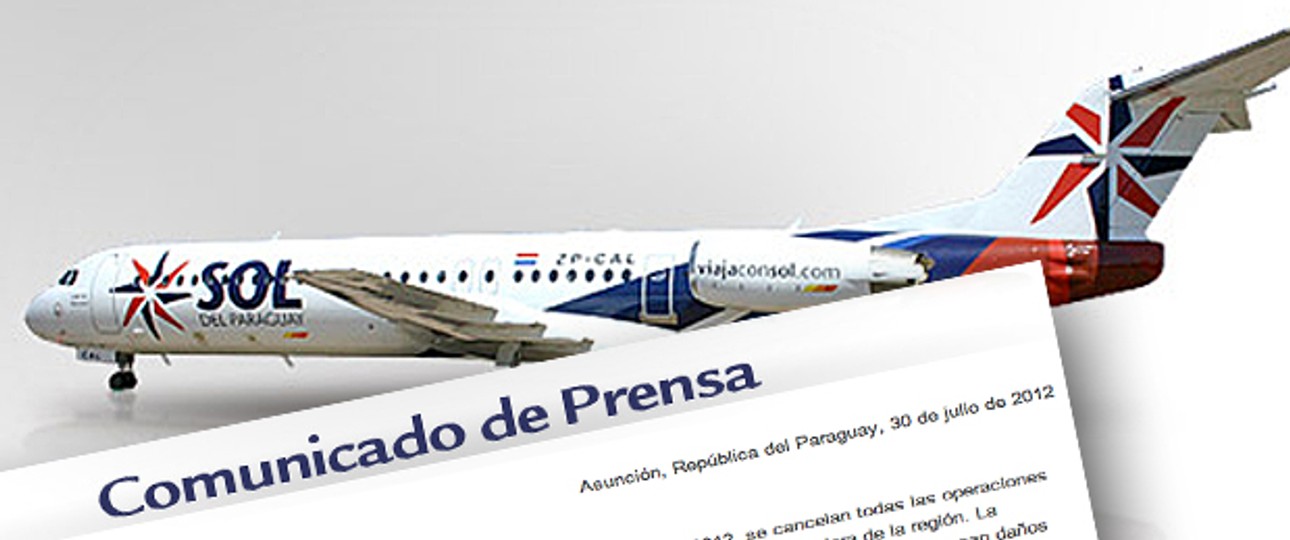 Fokker 100 von Sol de Paraguay, Medienmitteilung: Grounding per 1. August.