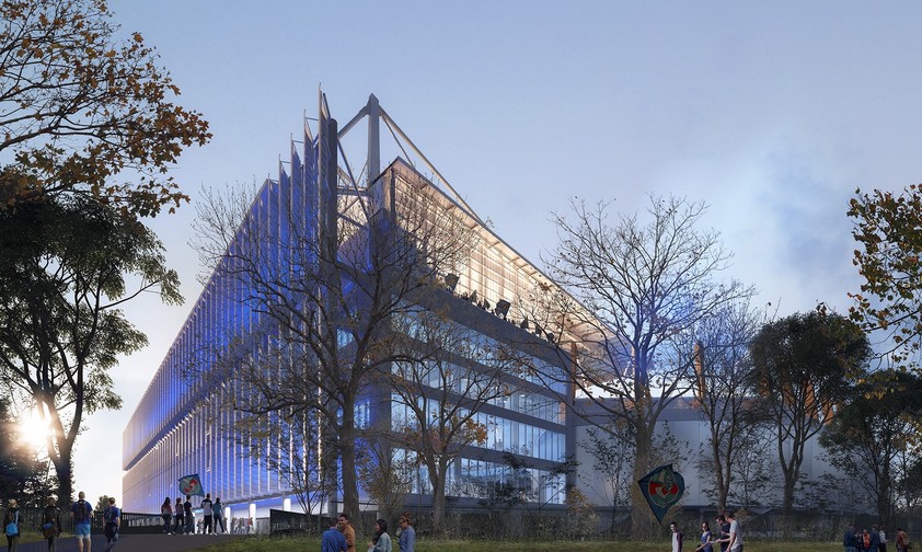 Die Fassade der Südtribüne: Rumpfteile des Airbus A340 schützen vor der Sonne.