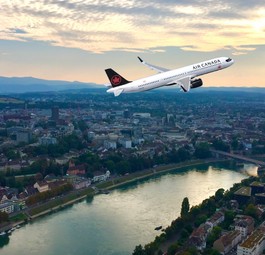 Airbus A321 XLR von AIr Canada über Basel (Montage): Die Flugline eröffnet die neue Strecke im Sommer 2027.