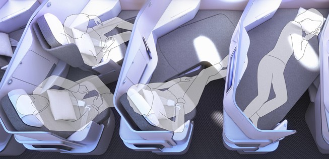 Eine Visualisierung des Sitzkonzepts Butterfly: Links die Variante Premium Economy, in der Mitte und rechts Business Class.