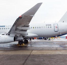 Der Sukhoi Superjet 100 mit Saberlets: Der erste Testflug ist Ende 2017 geglückt.