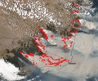 Satellitenbild der Buschfeuer in Australien: Verheerende Folgen für Mensch, Tier und Pflanzenfeld.