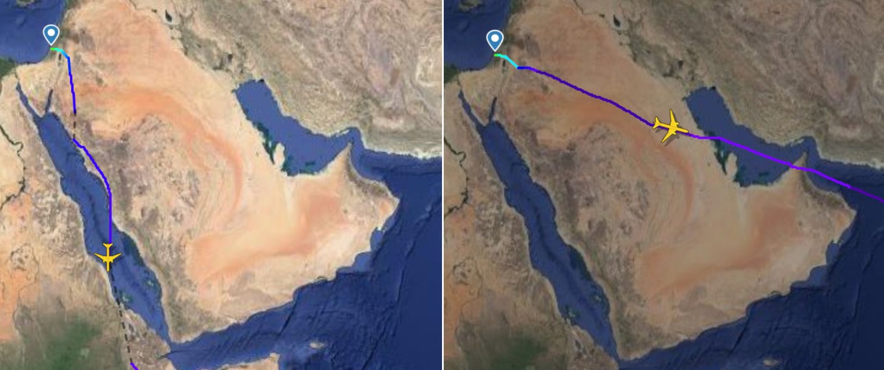 Flug von Tel Aviv Richtung Bangkok: Auf der neuen Route (links) und der alten.