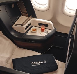 Business Class im Airbus A330 Neo von Condor: Weniger bunt und verspielt als das Äußere der Jets.