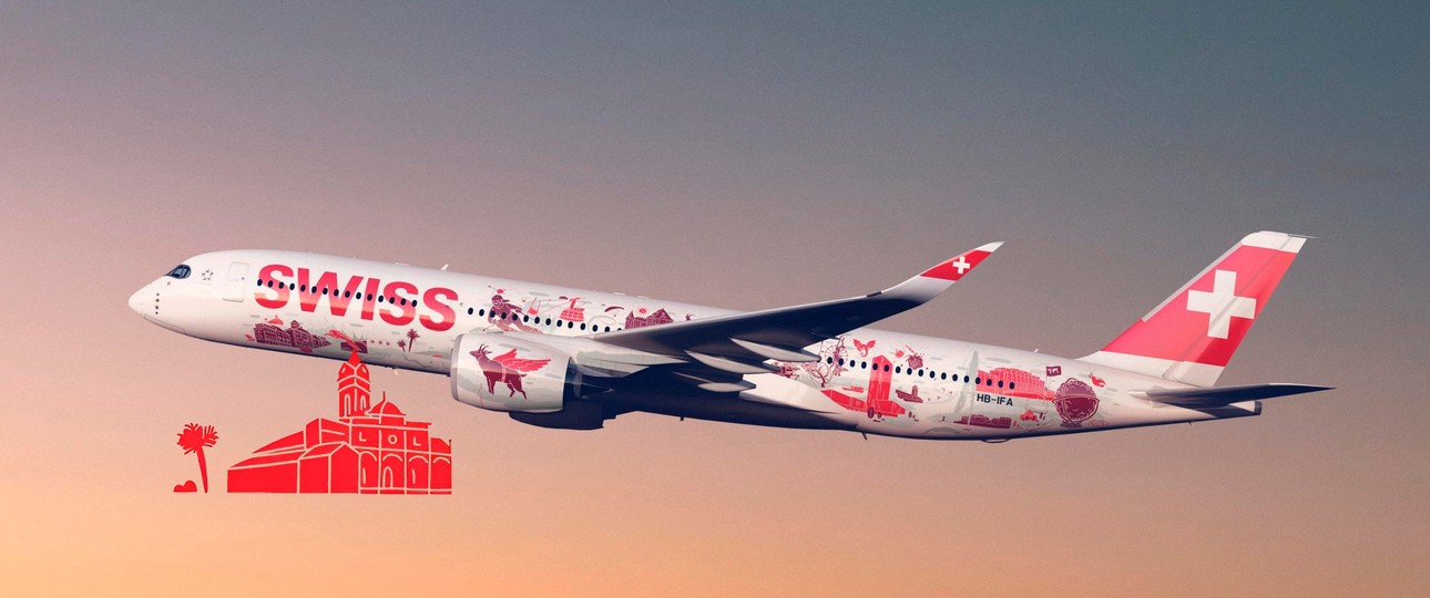 Die Wanderlust-Lackierung auf dem Airbus A350 von Swiss: Neckisches Detail.