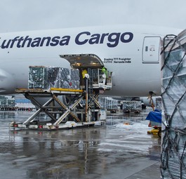 Lufthansa Cargos Boeing 777F mit dem Kennzeichen D-ALFH wird in Frankfurt beladen.