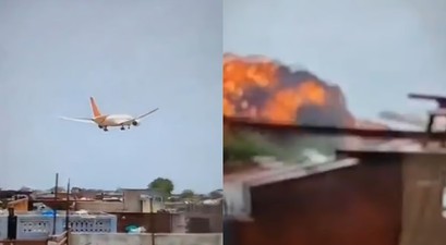 Die Boeing 787 von Air India kurz vor dem Crash über Häusern von Ahemdabad: Riesiger Feuerball.