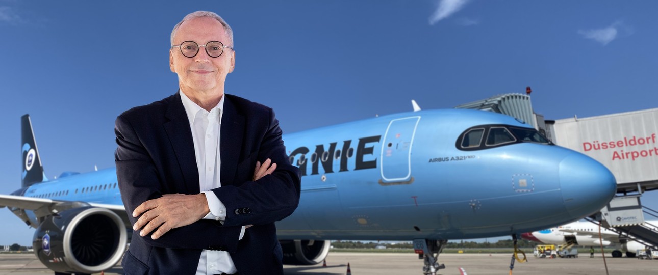La-Compagnie-Chef Christian Vernet vor einem Airbus A321 Neo: Künftig folgt auch mindestens ein A321 XLR.