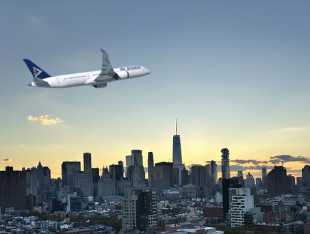 Boeing 787 von Air Astana über New York (Montage): Klappt es 2027?