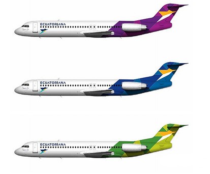 Farbschema von Ecuatoriana Airlines: Die Airline setzt auf Boeing 717, zeigt ihr Design aber anhand von Fokker 100.