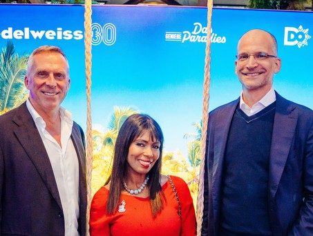 Gastgeber des Abends: Petra Cruz (Dominican Republic Tourism Board) mit Bernd Bauer (CEO Edelweiss) und Patrick Heymann (COO Edelweiss)