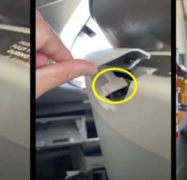 Der linke Sitz im Cockpit der Boeing 787 von Latam: Zu sehen ist, dass sich der Schutz (gelber Pfeil) über dem Schalter samt Schalterkappe (Kreis) nicht ganz schließen lässt.