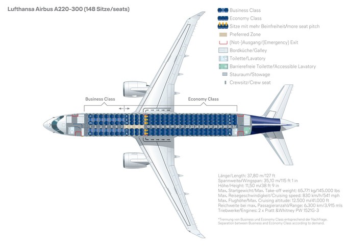 Sitzplan Airbus A220-300 von Lufthansa City Airlines.