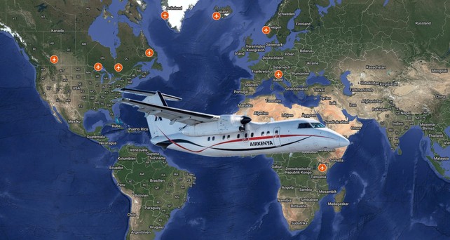 Eine Dash 8 von Air Kenya und die bisherigen Stopps der Auslieferungsroute: Kleiner Flieger, langer Weg.