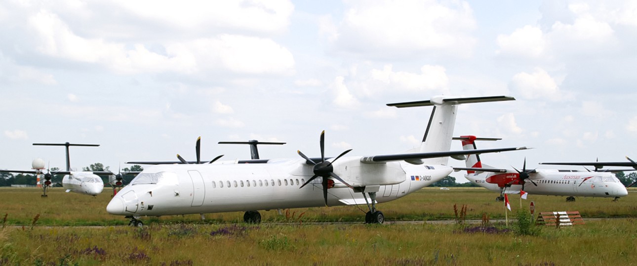 Geparkte De Havilland Canada Dash 8 von Eurowings und AUA: Geringer Nachfrage.