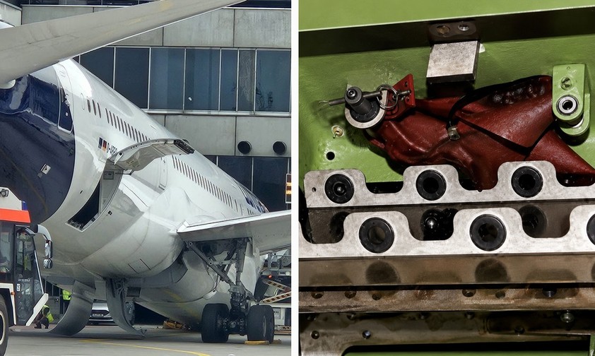 Die auf der Nase liegene Boeing 787, vergessener Verriegelungsstift: kleines Teil, großer WIrkung.