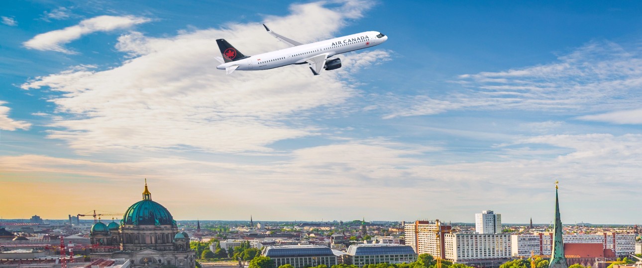 Airbus A321 XLR von Air Canada über Berlin (Montage): Neue Airline, neue Route, neues Modell für den Flughafen.