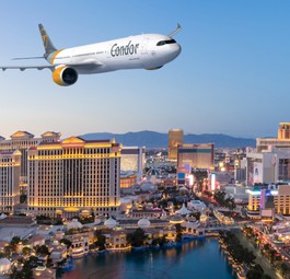 So ähnlich könnte ein Airbus A330-900 von Condor über Las Vegas aussehen: Die Stadt gehört zu den geplanten Zielen im Sommer 2022.