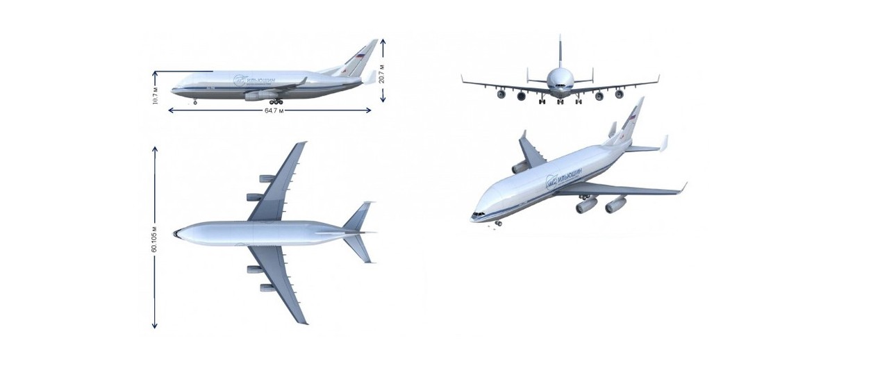 Die Dimensionen: Die Ilyushin Il-96-500T wird 64,7 Meter lang, die Rumpfhöhe beträgt 10,7 Meter, die Höhe beim Leitwerk 25,7 Meter. Die Spannweite beträgt wie bei der Il-96-400 60,1 Meter.