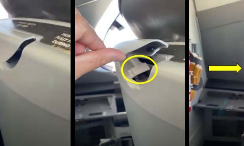 Der linke Sitz im Cockpit der Boeing 787 von Latam: Zu sehen ist, dass sich der Schutz (gelber Pfeil) über dem Schalter samt Schalterkappe (Kreis) nicht ganz schließen lässt.