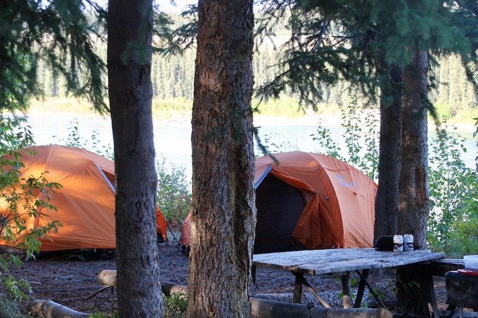 Campen unter Bäumen und direkt am Fluss