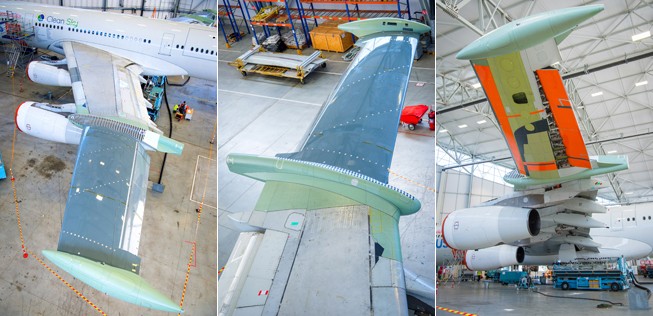 Flügel des umgebauten A340: Die äußeren Bereiche wurden durch Laminar-Konstruktionen ersetzt. Diese sind...